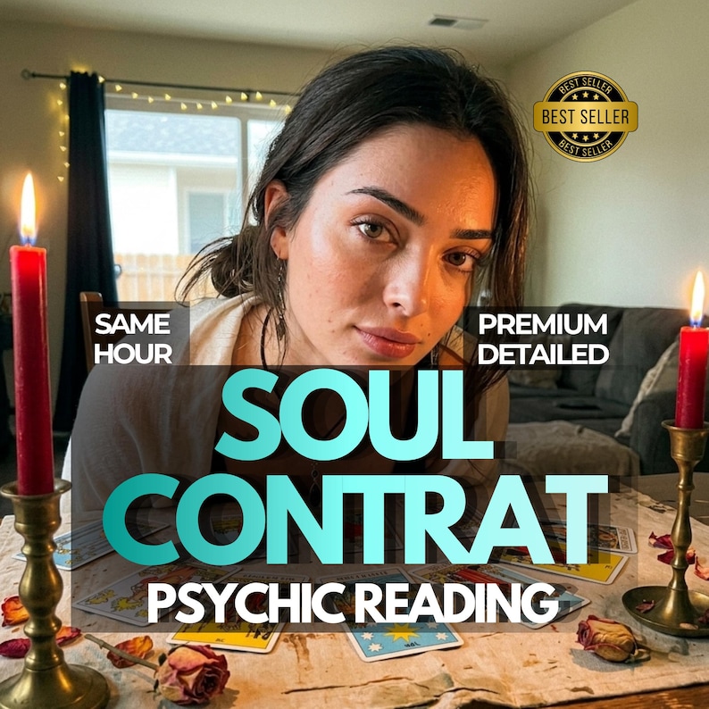 K&ouml;nnte beinhalten: Eine Person sitzt an einem Tisch mit Tarotkarten, brennenden Kerzen und dem Text "SOUL CONTRAT PSYCHIC READING". Das Bild enth&auml;lt den Text "SAME HOUR" und "PREMIUM DETAILED" sowie ein "BEST SELLER"-Abzeichen.