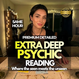 May include: An image promoting a psychic reading service shows a woman with dark hair and a black top. Text includes "Same Hour," "Premium Detailed," and "Extra Deep Psychic Reading." The phrase "Where the seen meets the unseen" is also present.