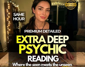 May include: A woman with dark hair and a black top is featured in an image promoting a psychic reading service. Text includes "Same Hour," "Premium Detailed," and "Extra Deep Psychic Reading." The phrase "Where the seen meets the unseen" is also present.
