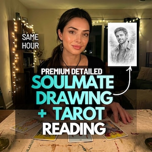 Può includere: Una donna con i capelli scuri e un top nero è seduta a un tavolo con carte dei tarocchi. L'immagine include il testo "Premium Detailed Soulmate Drawing + Tarot Reading" e "Same Hour". Viene mostrato anche un disegno a matita di un uomo.