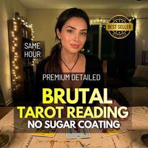 Puede incluir: Una persona con cabello oscuro y una parte superior negra está sentada en una mesa con cartas del tarot. La imagen incluye el texto "BRUTAL TAROT READING" y "NO SUGAR COATING". Se ve una insignia de "BEST SELLER".