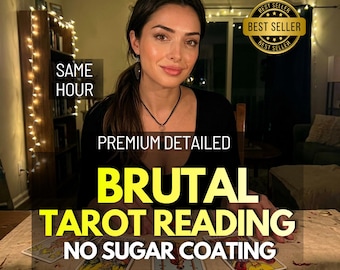 Puede incluir: Una persona con cabello oscuro y una parte superior negra está sentada en una mesa con cartas del tarot. La imagen incluye el texto "BRUTAL TAROT READING" y "NO SUGAR COATING". Se ve una insignia de "BEST SELLER".