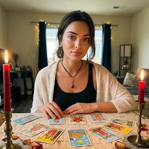 K&ouml;nnte beinhalten: Eine Frau sitzt an einem Tisch mit Tarotkarten. Zwei rote Kerzen in goldenen Kerzenhaltern flankieren die Karten. Die Frau tr&auml;gt ein schwarzes Oberteil, eine cremefarbene Strickjacke und eine schwarze Anh&auml;ngerkette.