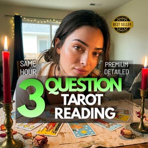 Puede incluir: Una mujer es el foco, con cartas del tarot dispuestas frente a ella. El texto dice "3 Question Tarot Reading", con texto adicional que indica "Same Hour" y "Premium Detailed". Dos velas rojas en candelabros de latón flanquean la escena.