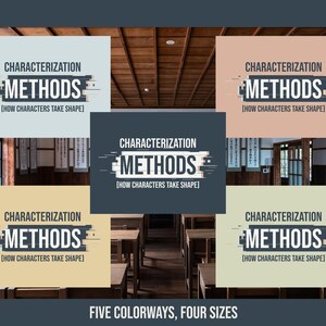 Op de afbeelding: Een collectie van vijf rechthoekige posters met de tekst CHARACTERIZATION METHODS [HOW CHARACTERS TAKE SHAPE] in een vet, gestileerd lettertype. De posters worden gepresenteerd in vijf verschillende achtergrondkleuren: lichtblauw, beige, donkergrijs, geel en lichtgroen.