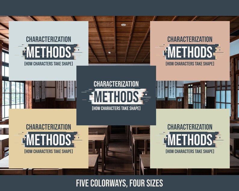 Op de afbeelding: Een collectie van vijf rechthoekige posters met de tekst CHARACTERIZATION METHODS [HOW CHARACTERS TAKE SHAPE] in een vet, gestileerd lettertype. De posters worden gepresenteerd in vijf verschillende achtergrondkleuren: lichtblauw, beige, donkergrijs, geel en lichtgroen.