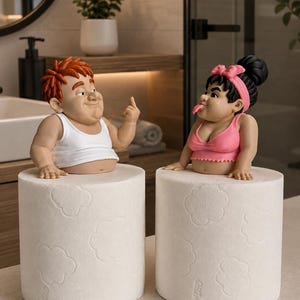 Könnte beinhalten: Zwei dekorative Figuren auf weißen Toilettenpapierrollen. Eine Figur zeigt eine Person mit roten Haaren in einem weißen Unterhemd, die den Mittelfinger zeigt. Die andere Person hat einen schwarzen Dutt, ein rosa Stirnband und streckt die Zunge heraus.