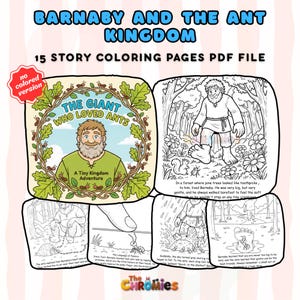 May include: A PDF file of coloring pages titled "Barnaby and the Ant Kingdom." The cover art features a cartoon of a man with a beard and the text "The Giant Who Loved Ants." The pages are black and white illustrations.