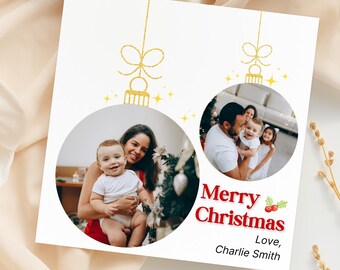 Personalized Multi Photo Christmas Card, Custom Gold Ornament Family Holiday Card with 2 Photos, Modern Merry Christmas Stationery, CP166