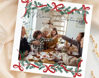Personalized Merry Christmas Family Photo Card, Custom Holiday Greeting with Red Bows, Minimalist Family Name Xmas Card, Festive Photo Print