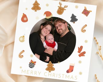 Personalized Gingerbread Doodle Christmas Photo Card, Custom Boho Holiday Family Greeting Card, Modern Earth Tone Merry Christmas, CP165