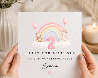 Personalised 2nd Birthday Card For Niece, Rainbow Teddy Bunny Girls Birthday Card, Custom Age 2 Card