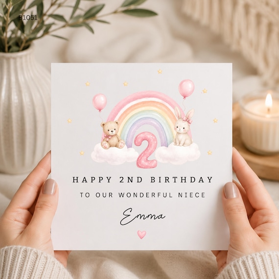 Personalised 2nd Birthday Card For Niece, Rainbow Teddy Bunny Girls Birthday Card, Custom Age 2 Card