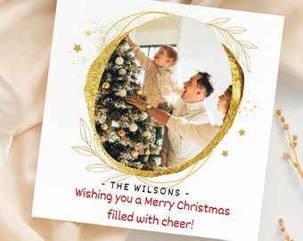 Personalized Gold Merry Christmas Photo Card, Custom Family Holiday Greeting, Elegant Gold Foil Xmas Card, Minimalist Festive Photo Keepsake