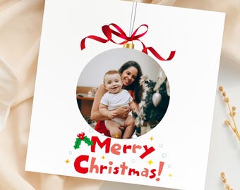 Personalized Baby First Christmas Photo Card, Custom Bauble Holiday Card with Photo, Minimalist Merry Christmas Card for New Parents, CP169
