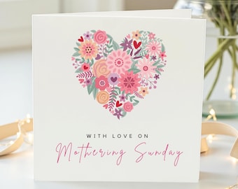 Mothering Sunday Card, Heart-Shaped Floral Bouquet, With Love on Mothering Sunday, Floral Heart Card, Pink and Red Flowers Gift Card for Mum
