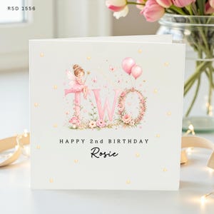 Personalised 2nd Birthday Card, Fairy Two Birthday Card, Pink Floral 2 Card, Daughter Niece Granddaughter Custom Name