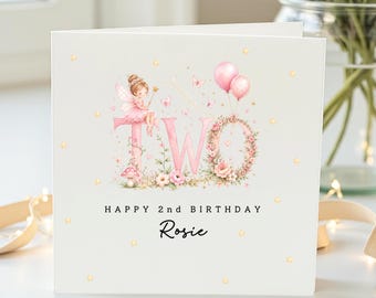 Personalised 2nd Birthday Card, Fairy Two Birthday Card, Pink Floral 2 Card, Daughter Niece Granddaughter Custom Name
