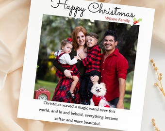 Personalized Happy Christmas Family Photo Card, Custom Holiday Greeting with Quote, Minimalist Family Name Xmas Card, Festive Photo Keepsake