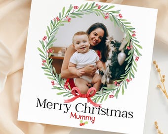 Personalized Mummy Christmas Photo Card, Baby First Christmas Card for Mummy, Custom Watercolor Wreath Holiday Card, New Mom Gift, CP168