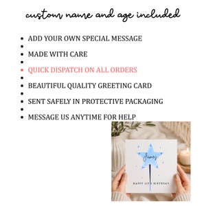 May include: A square greeting card featuring a blue star illustration with the name James written in script and the text HAPPY 11TH BIRTHDAY printed below. The card includes a list of features: custom name and age included, add your own special message, made with care, quick dispatch on all orders, beautiful quality greeting card, sent safely in protective packaging, and message us anytime for help.