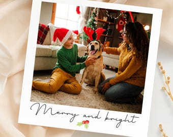 Personalized Merry and Bright Photo Card, Custom Family Holiday Greeting, Minimalist Christmas Card From Family, Festive Photo Card Print