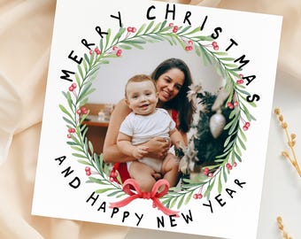 Personalized Christmas and Happy New Year Photo Card, Custom Watercolor Wreath Holiday Card, Baby First Christmas Photo Keepsake, CP167