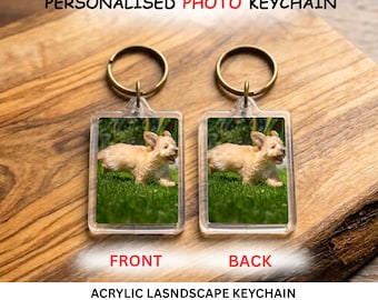 Personalized Dog Photo Keychain, Custom Acrylic Pet Memorial Keyring, Puppy Picture Keepsake, Double Sided Landscape Bag Tag Gift for Him