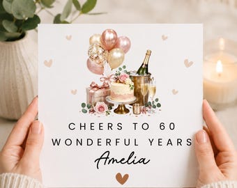Gepersonaliseerde verjaardagskaart voor haar 60e verjaardag, mijlpaalkaart met champagne en ballonnen, cadeau met eigen naam voor moeder, vrouw, zus, vriendin of tante.