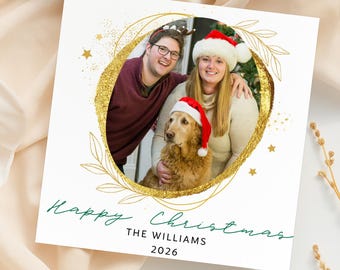 Personalized Happy Christmas Dog Photo Card, Custom Family Holiday Greeting with Pet, Elegant Gold Foil Xmas Card, Minimalist Festive Print