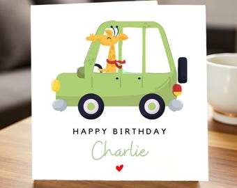 Personalised Birthday Card for Charlie, Cute Car and Giraffe Design, Happy Birthday Card, Special Birthday Gift for Kids, Personalised Gift"