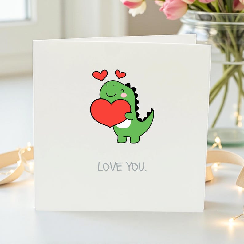 Love You Dinosaur Card - Cute Green Dino With Heart - Adorable ...