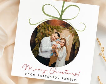 Personalized Merry Christmas Photo Card, Custom Family Holiday Greeting, Watercolor Ornament Design, Minimalist Xmas Card From The Family
