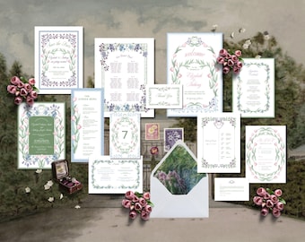 Lot de mariage floral pastel | faire-part et papeterie du jour | Modèle de toile pour les mariages de jardin printemps/été