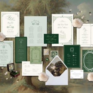 Elegant grönt vintageinspirerat bröllopspaket | Inbjudan och brevpapper för dagen | Canva-mall för romantik i gammaldags stil