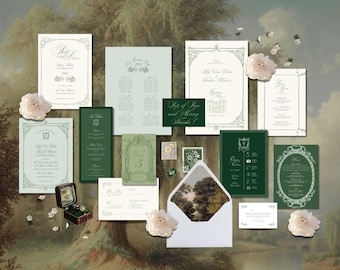 Elegant Green Vintage-Inspired Wedding Bundle | Invitation & Day-Of Stationery | Canva Template for Old-World Romance