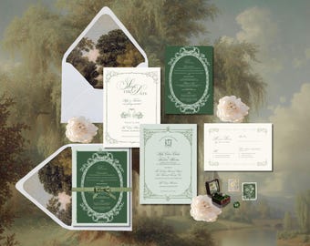 May include: Elegant wedding invitation suite featuring a green and white color scheme. The suite includes invitations, RSVP cards, and envelopes with a landscape design. Decorative floral accents and a ribbon add to the formal aesthetic. A small ring box and stamps are also included.