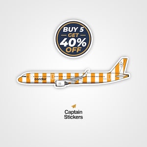 May include: A sticker of a Condor airplane featuring a white and orange vertical striped pattern on the fuselage. Above the airplane is a circular badge with the text BUY 5 GET 40% OFF. Below the airplane is the text Captain Stickers.