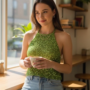Limoengroen haltertopje met lovertjes, uitgaansshirt, handgemaakte cami-haltertop, statementstuk met aangepaste kleur