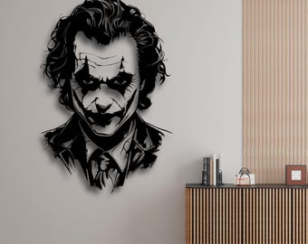 Arte mural SVG de silueta del Guasón, archivo STL de corte láser de villano oscuro, payaso caótico DXF AI CDR PDF SVG, decoración inspirada en películas, descarga digital CNC