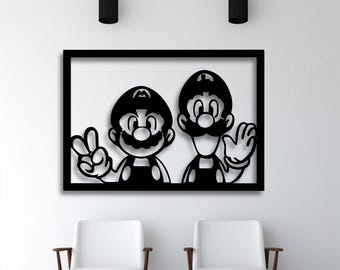 Arte mural de Mario Luigi SVG, silueta de juego retro, archivo STL cortado con láser, Classic Brothers DXF AI CDR PDF SVG, decoración de juegos CNC, descarga digital