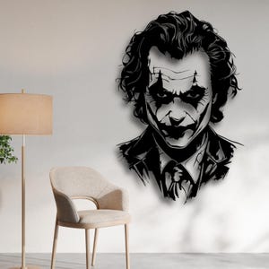 Joker silhuett väggkonst SVG, mörk skurk laserskuren fil STL, kaotisk clown Dxf AI Cdr PDF Svg, filminspirerad dekor CNC digital nedladdning bild 2