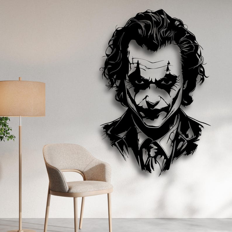 Joker silhuett väggkonst SVG, mörk skurk laserskuren fil STL, kaotisk clown Dxf AI Cdr PDF Svg, filminspirerad dekor CNC digital nedladdning bild 2