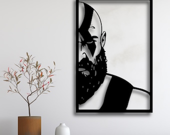 Arte mural SVG de silueta de Kratos de God of War, archivo STL de corte láser de guerrero espartano, Furia bárbara DXF AI CDR PDF SVG, descarga de decoración de juegos CNC