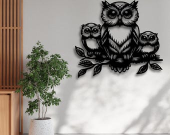 Conjunto de arte mural SVG de familia de búhos, silueta de rama de bosque, archivo STL cortado con láser, Sabiduría Nocturna DXF, AI, CDR, PDF, SVG, decoración natural, listo para CNC, descarga