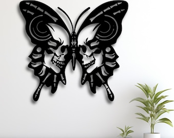 Arte mural de calavera de mariposa gótica SVG, archivo STL de silueta de simetría oscura, muerte y belleza DXF AI CDR PDF SVG, decoración alternativa CNC descargable