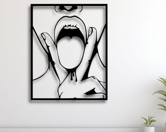 Silueta de mano con labios sensuales para pared (SVG), arte lineal erótico minimalista cortado a láser (STL), diseño moderno y sensual (DXF, AI, CDR, PDF, SVG), decoración de dormitorio (CNC)