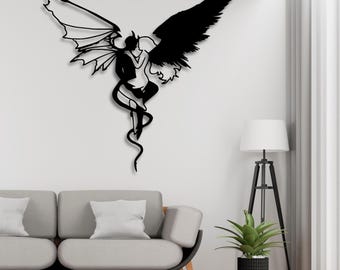 Arte mural de ángel y demonio abrazo SVG STL, silueta de pareja fantástica, archivo para corte láser, patrón CNC, plantilla Cricut DXF SVG AI PDF CDR