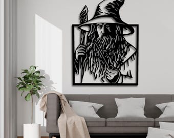 Silueta de mago gris de la Tierra Media para arte mural SVG, archivo STL para corte láser de Gandalf gris, archivo DXF, AI, CDR, PDF y SVG de mago con bastón de fantasía, decoración CNC épica.