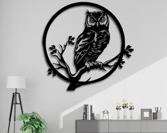 Silueta de búho para pared en formato SVG, archivo STL para corte láser de búho, decoración de aves del bosque en formatos DXF, AI, CDR, PDF y SVG, descarga digital de diseño de naturaleza y vida silvestre para CNC.